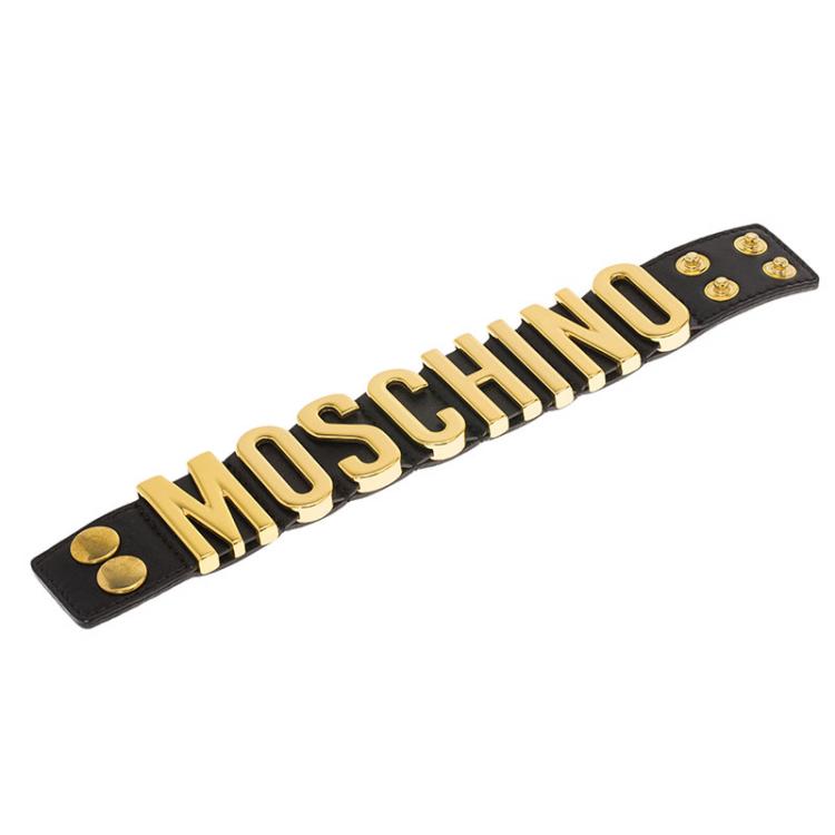 Pre Owned Moschino Logo Black Leather Bracelet S