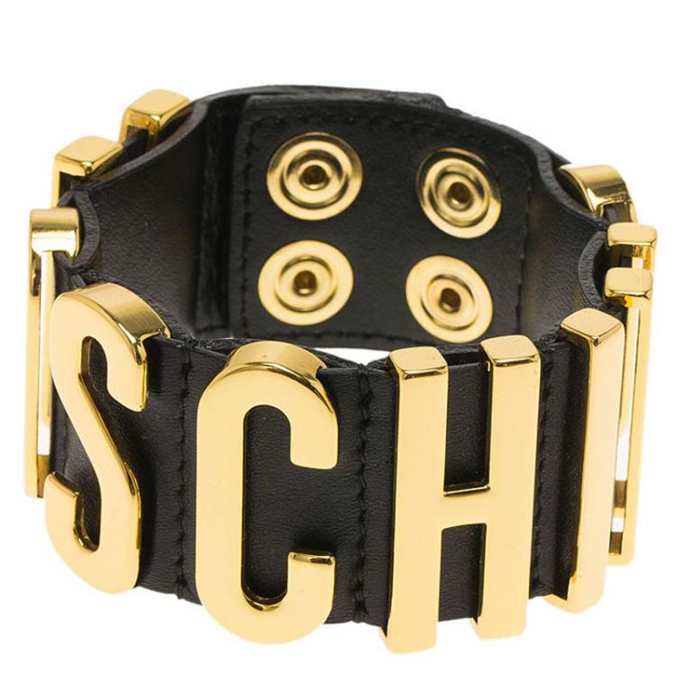 Pre Owned Moschino Logo Black Leather Bracelet S