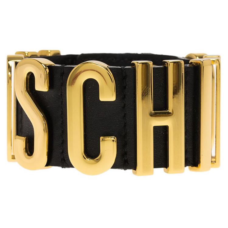 Pre Owned Moschino Logo Black Leather Bracelet S