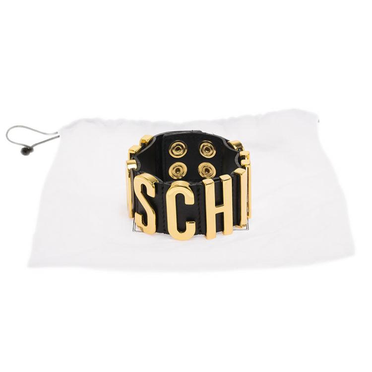 Pre Owned Moschino Logo Black Leather Bracelet S