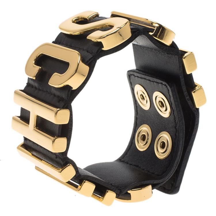 Pre Owned Moschino Logo Black Leather Bracelet