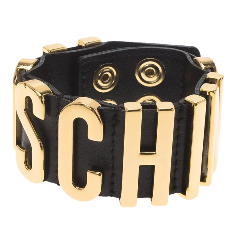 Pre Owned Moschino Logo Black Leather Bracelet
