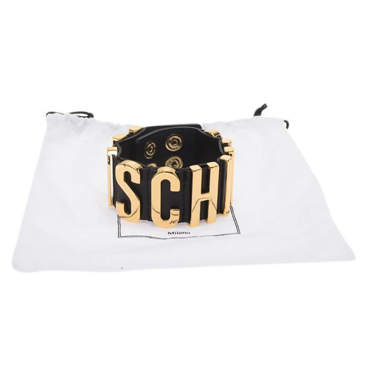 Pre Owned Moschino Logo Black Leather Bracelet