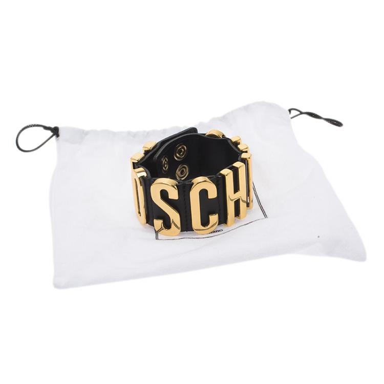 Pre Owned Moschino Logo Black Leather Cuff Bracelet S
