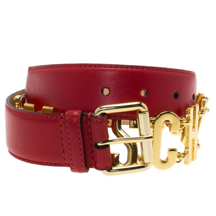 مملوكة مسبقًا Moschino Red Leather Logo Chain Belt 95 CM