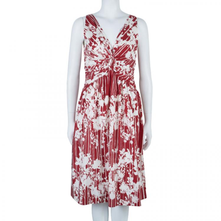 Pre Owned Moschino Red & White Print Knee Length Dress M