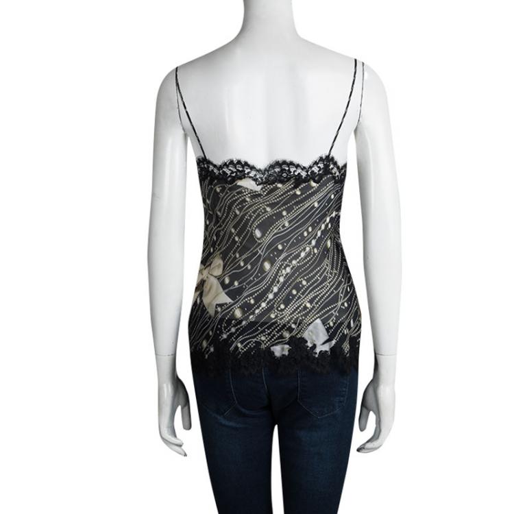 Pre Owned Moschino Printed Silk Bow Detail Lace Trim Sheer Camisole M