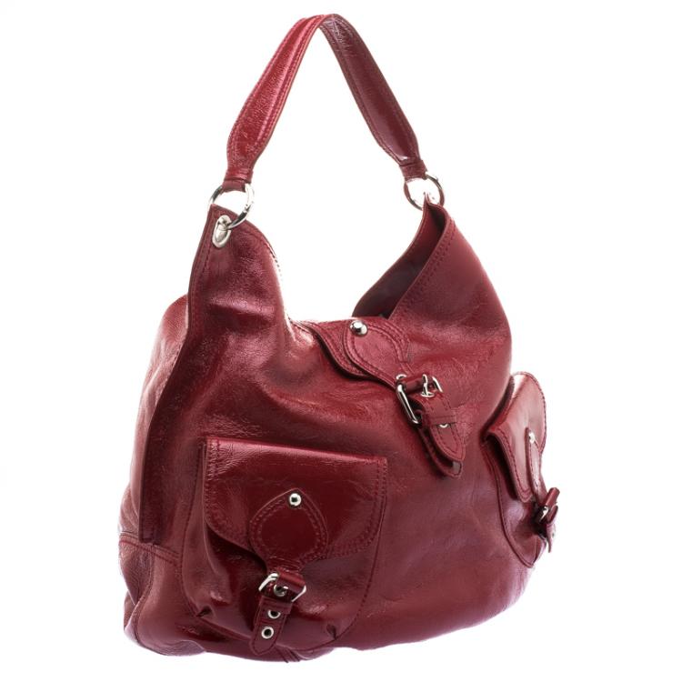 Pre Owned Moschino Red Patent Leather Double Pocket Hobo