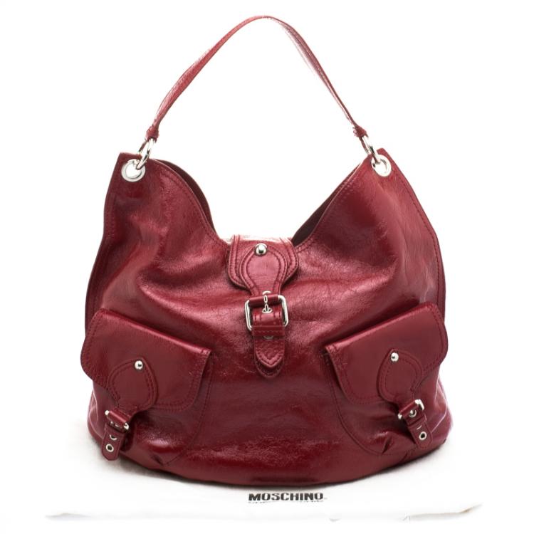 Pre Owned Moschino Red Patent Leather Double Pocket Hobo