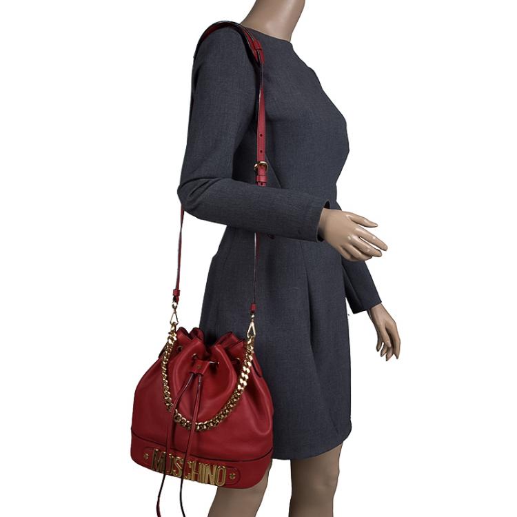 Pre Owned  Moschino Red Leather Bucket Drawstring Hobo