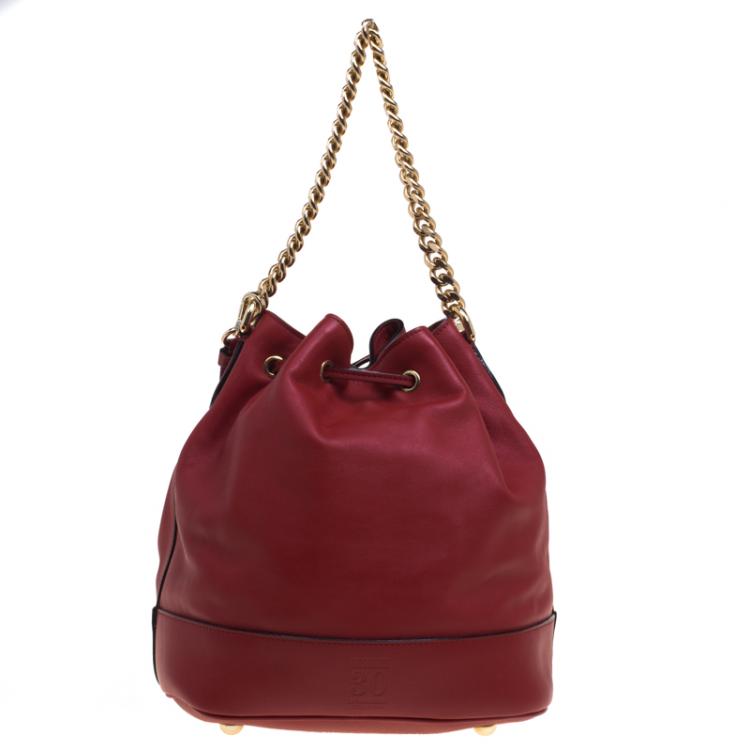 Pre Owned  Moschino Red Leather Bucket Drawstring Hobo