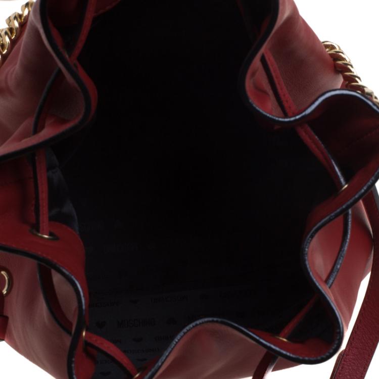 Pre Owned  Moschino Red Leather Bucket Drawstring Hobo