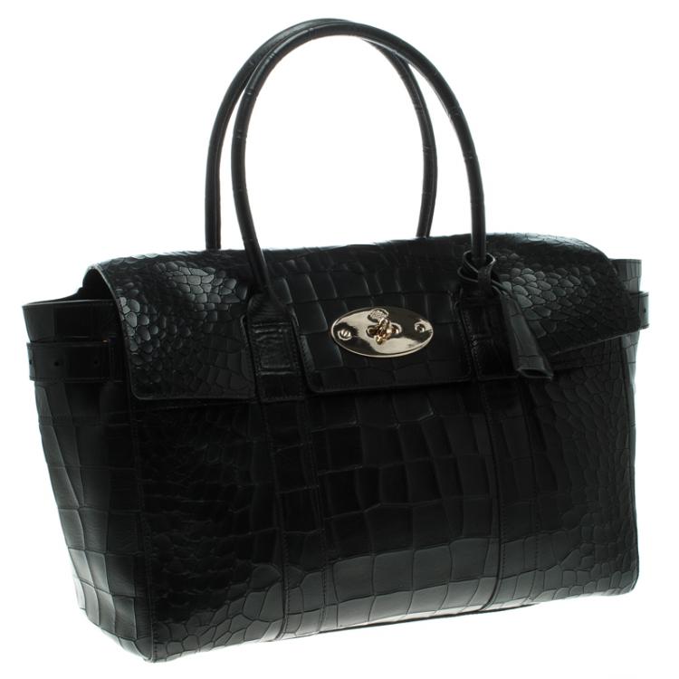 Pre Owned Mulberry Black Croc Embossed Leather Bayswater Satchel