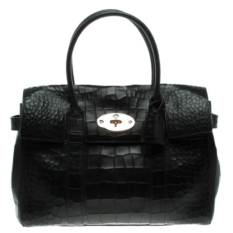 Pre Owned Mulberry Black Croc Embossed Leather Bayswater Satchel