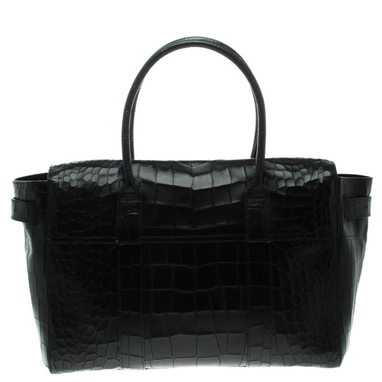 Pre Owned Mulberry Black Croc Embossed Leather Bayswater Satchel