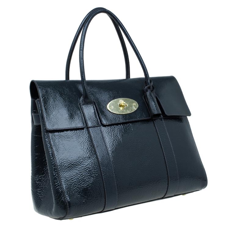 Pre Owned Mulberry Dark Grey Patent Leather Bayswater Satchel