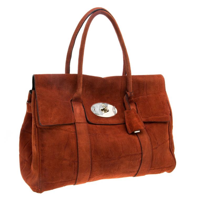 Pre Owned Mulberry Orange Croc Embossed Suede Bayswater Satchel