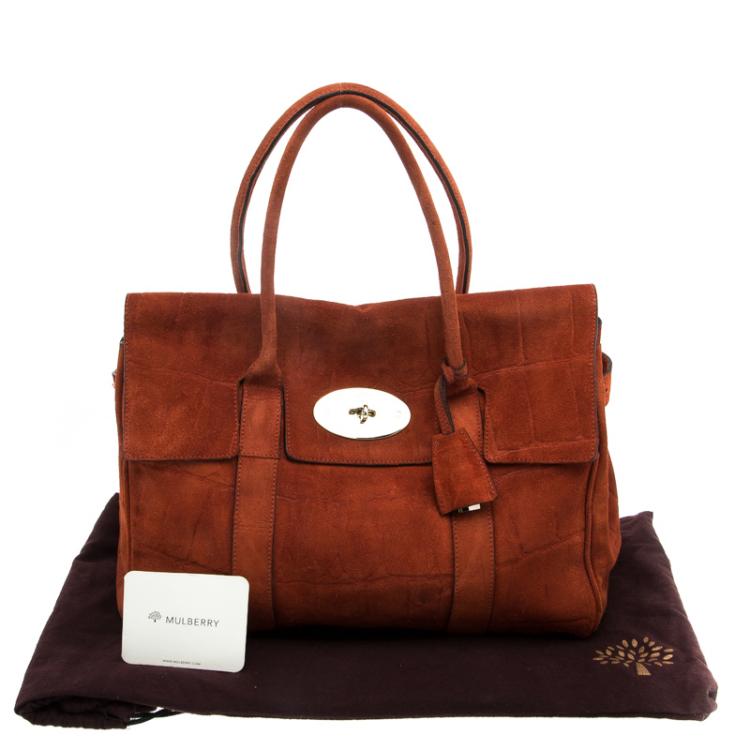 Pre Owned Mulberry Orange Croc Embossed Suede Bayswater Satchel