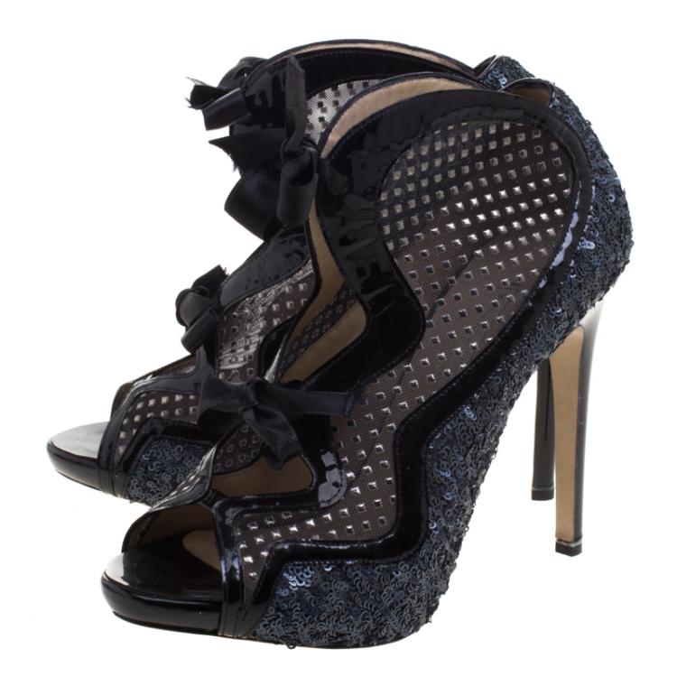 Pre Owned Nicholas Kirkwood Two Tone Sequined and Mesh Peep Toe Booties Size 37