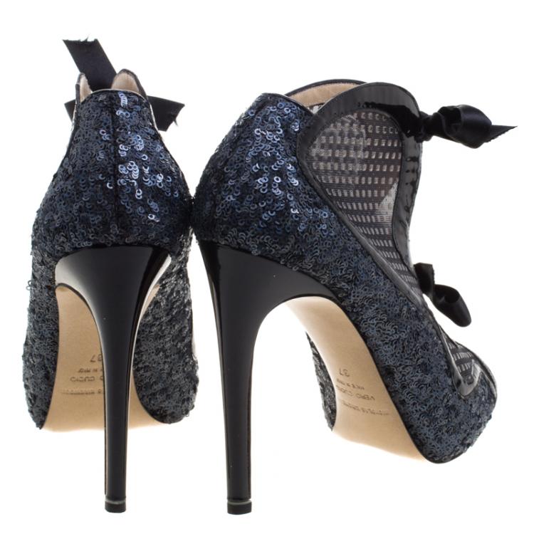 Pre Owned Nicholas Kirkwood Two Tone Sequined and Mesh Peep Toe Booties Size 37