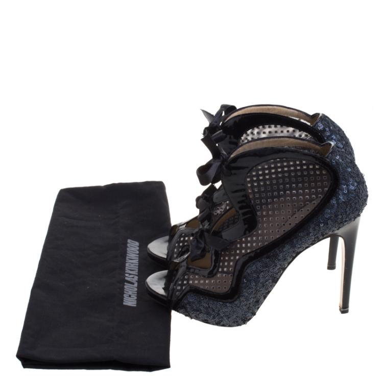 Pre Owned Nicholas Kirkwood Two Tone Sequined and Mesh Peep Toe Booties Size 37