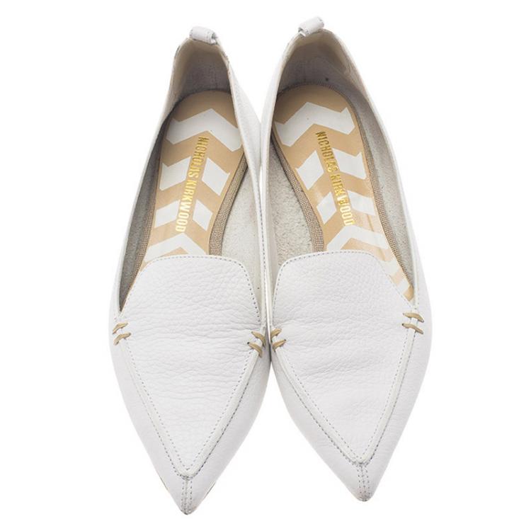Pre Owned Nicholas Kirkwood White Beya Leather Pointed Toe Flats Size 36.5