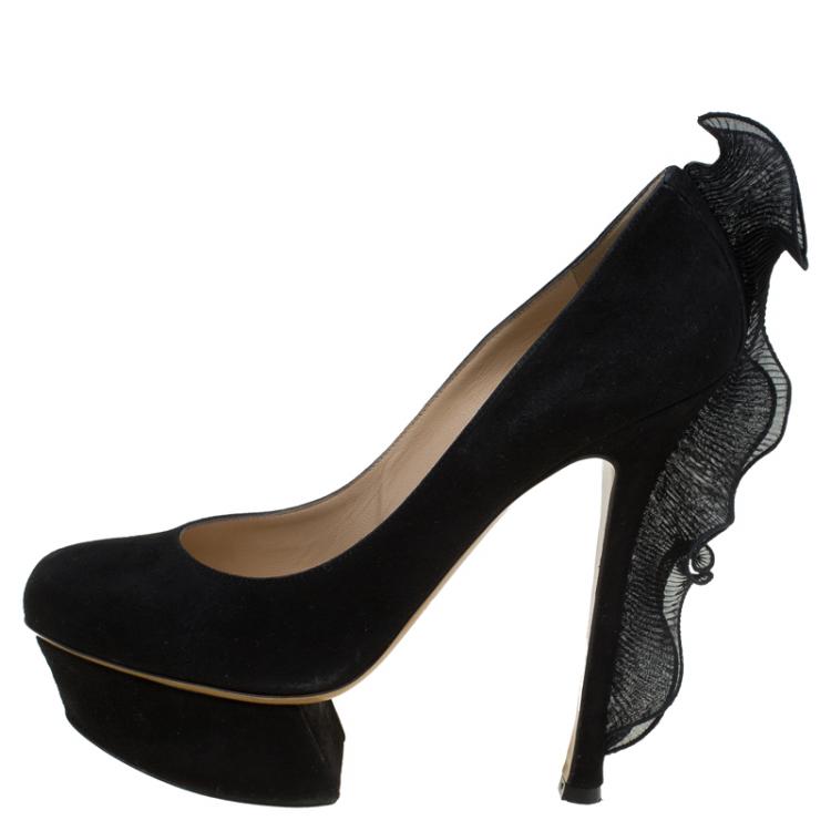 Pre Owned Nicholas Kirkwood Black Suede Ruffle Trimmed Platform Pumps Size 38