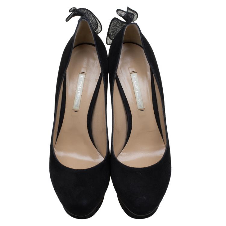 Pre Owned Nicholas Kirkwood Black Suede Ruffle Trimmed Platform Pumps Size 38