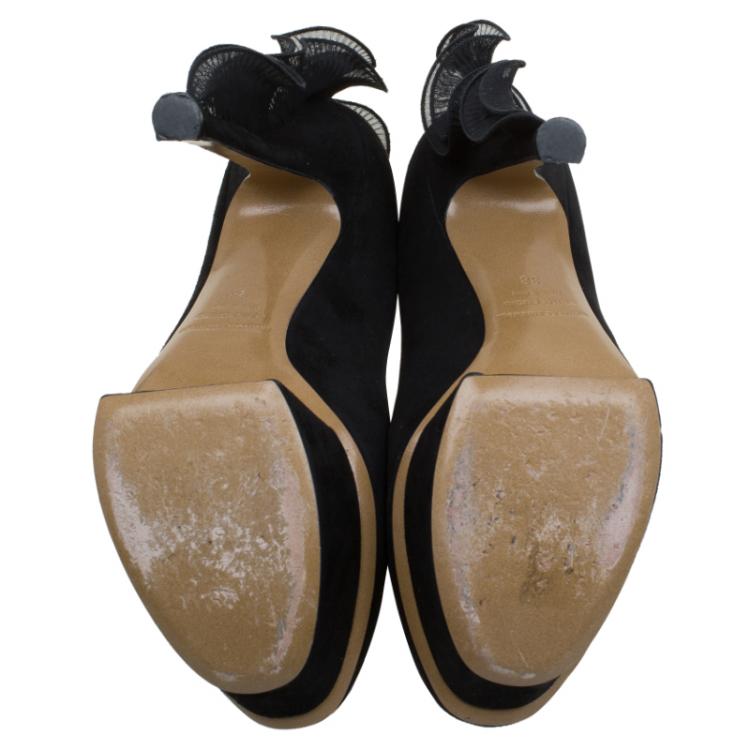 Pre Owned Nicholas Kirkwood Black Suede Ruffle Trimmed Platform Pumps Size 38