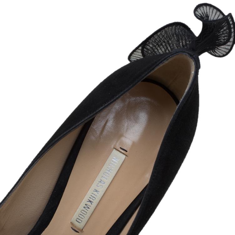 Pre Owned Nicholas Kirkwood Black Suede Ruffle Trimmed Platform Pumps Size 38