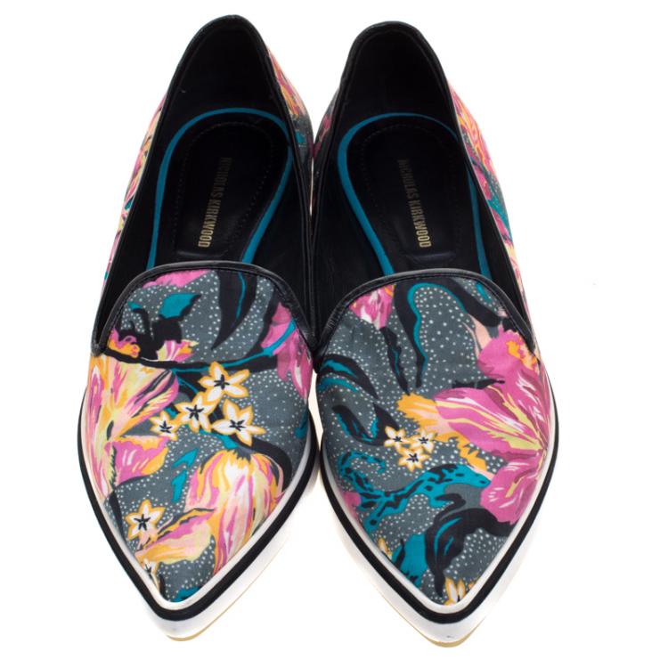 Pre Owned Nicholas Kirkwood Multicolor Floral Printed Silk Pointed Toe Slip On Sneakers Size 39