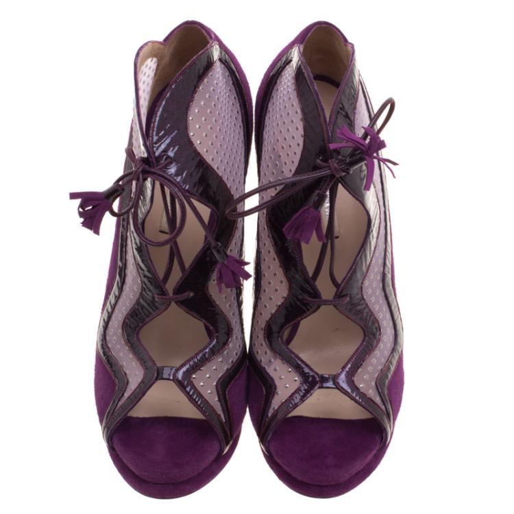 Pre Owned Nicholas Kirkwood Purple Suede and Mesh Lace Up Ankle Boots Size 39