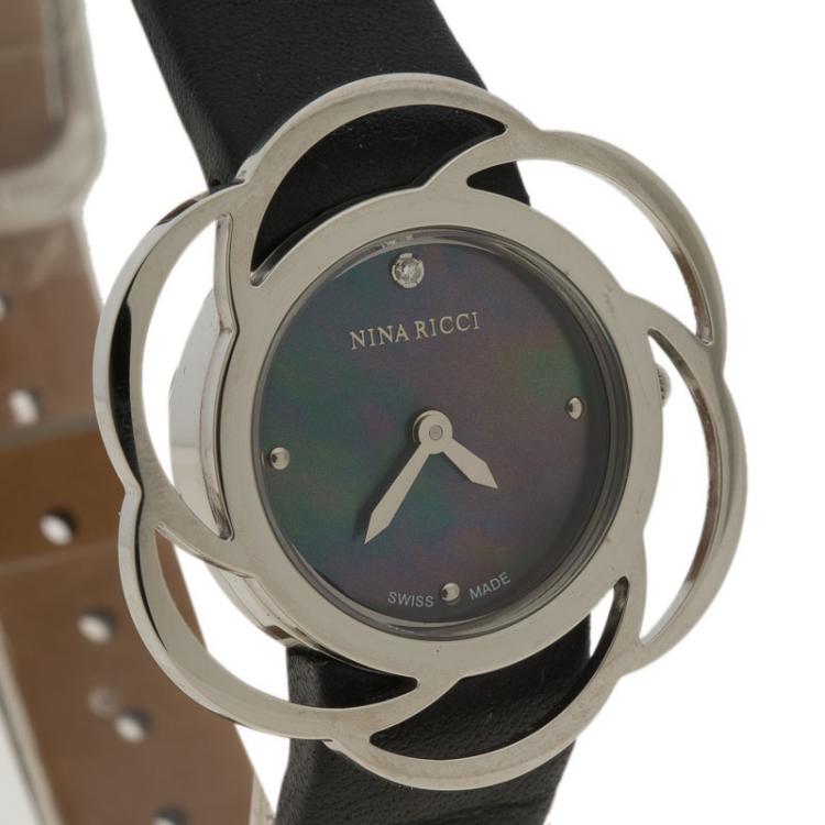 Pre Owned Nina Ricci Black Mother of Pearl Diamond Stainless Steel NR073001 Women's Wristwatch 32MM