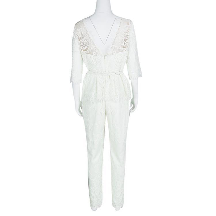 Pre Owned Notte By Marchesa White Lace V-Neck Belted Jumpsuit M