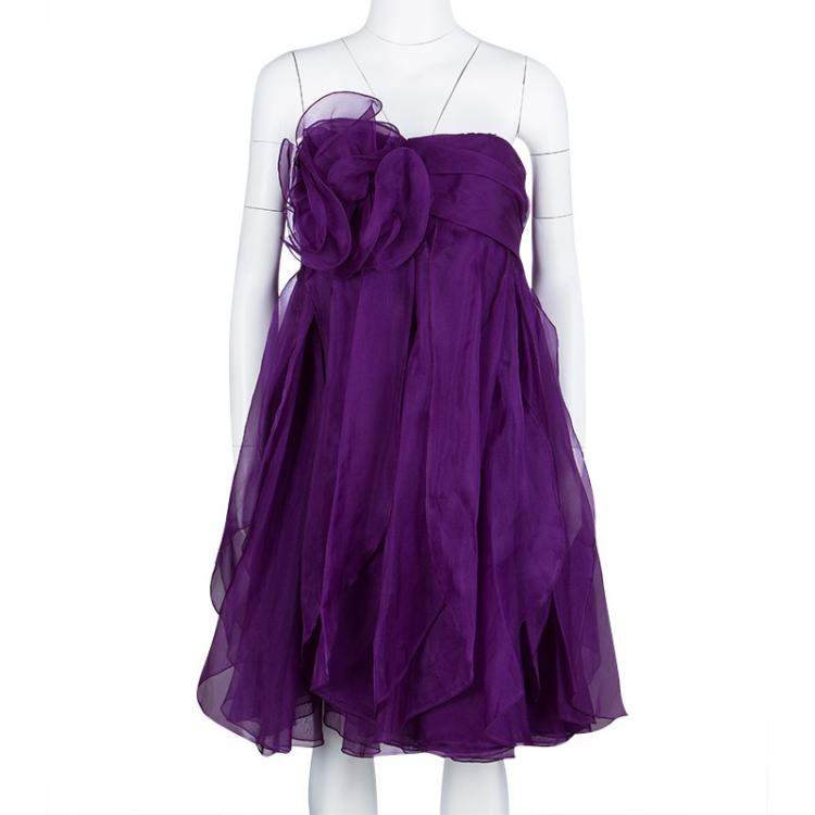 Pre Owned Notte By Marchesa Purple Floral Applique Ruffled Strapless Dress L