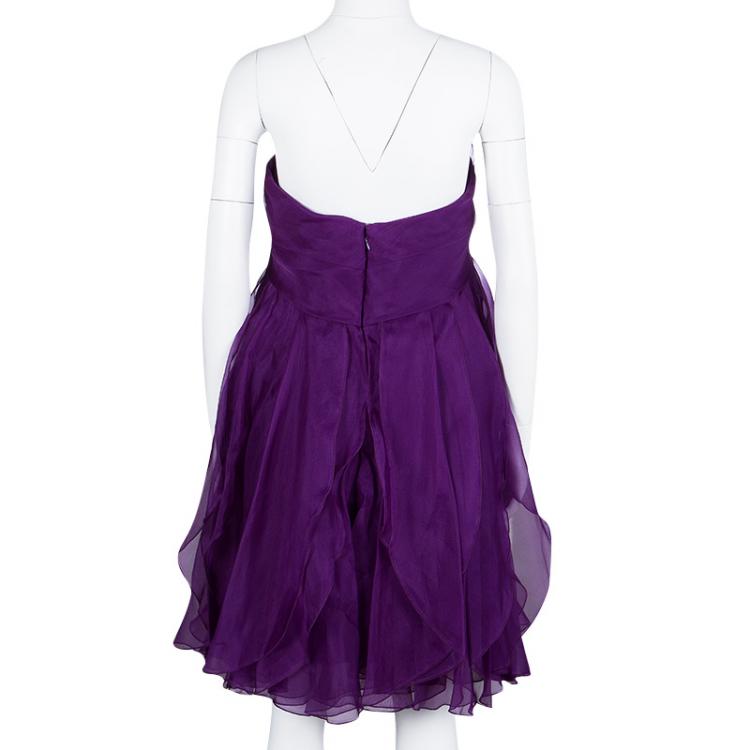 Pre Owned Notte By Marchesa Purple Floral Applique Ruffled Strapless Dress L