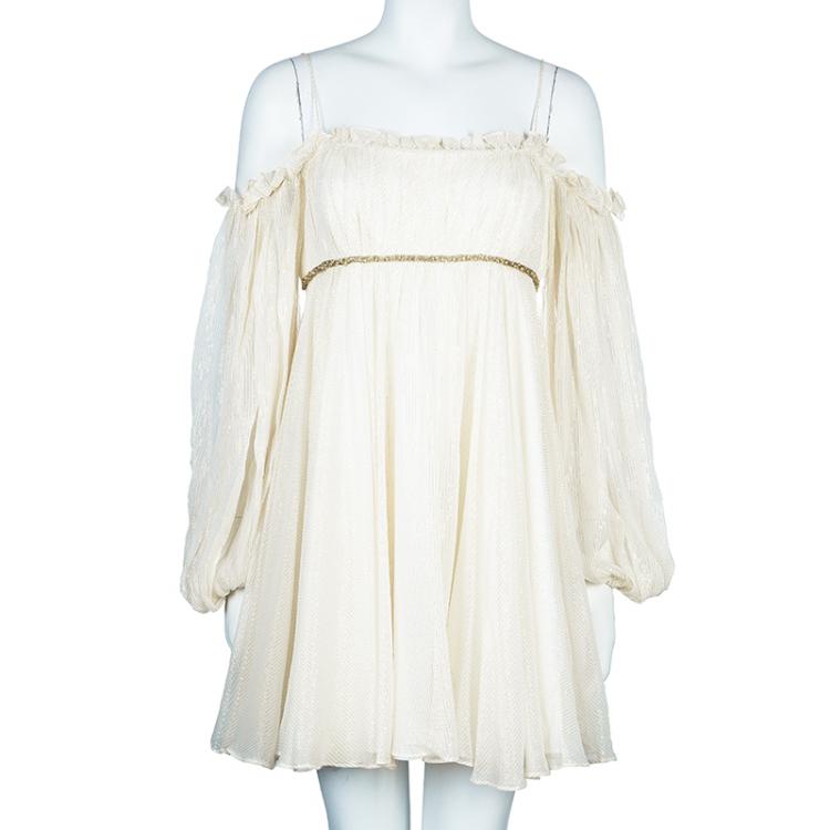 Pre Owned Marchesa Notte Cream and Glitter Off-Shoulder Top L