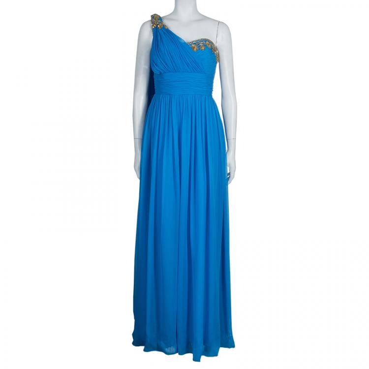 Pre Owned Notte By Marchesa Blue Embellished Silk Gown M