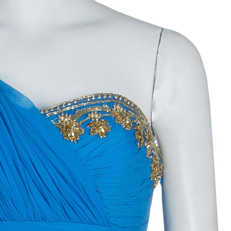 Pre Owned Notte By Marchesa Blue Embellished Silk Gown M