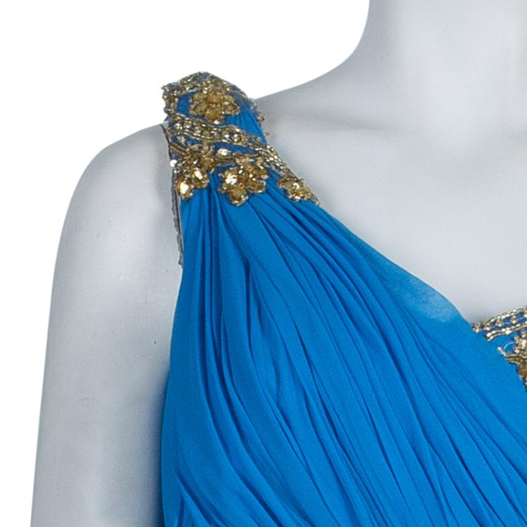 Pre Owned Notte By Marchesa Blue Embellished Silk Gown M
