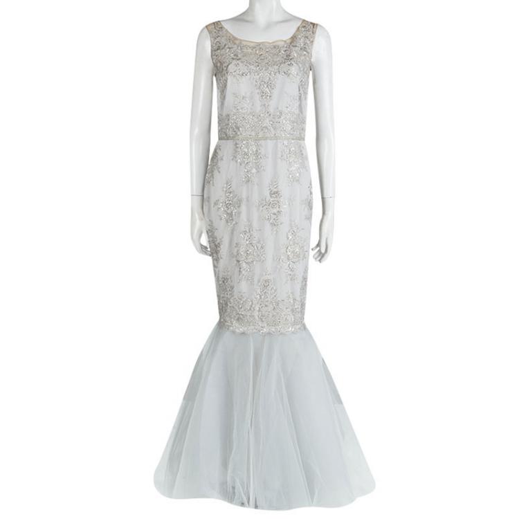 Pre Owned Notte by Marchesa Grey Embroidered Embellished Tulle Detail Sleeveless Gown S