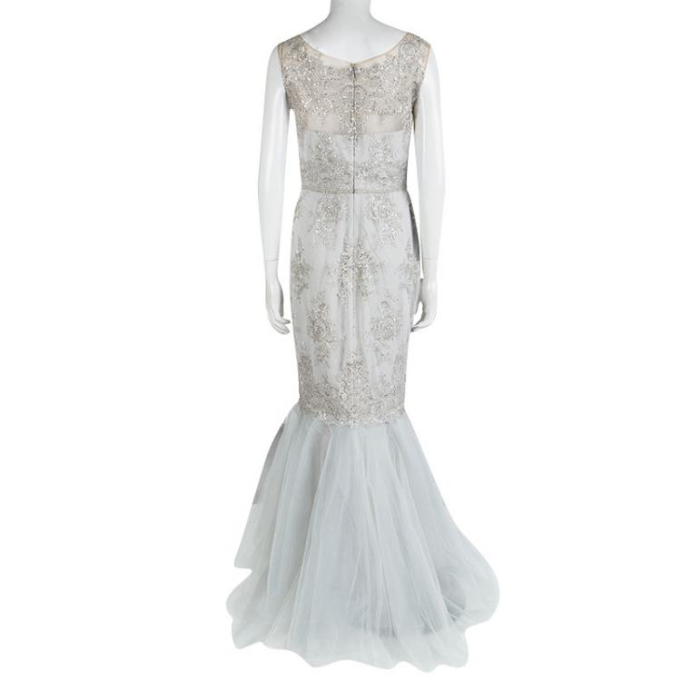 Pre Owned Notte by Marchesa Grey Embroidered Embellished Tulle Detail Sleeveless Gown S