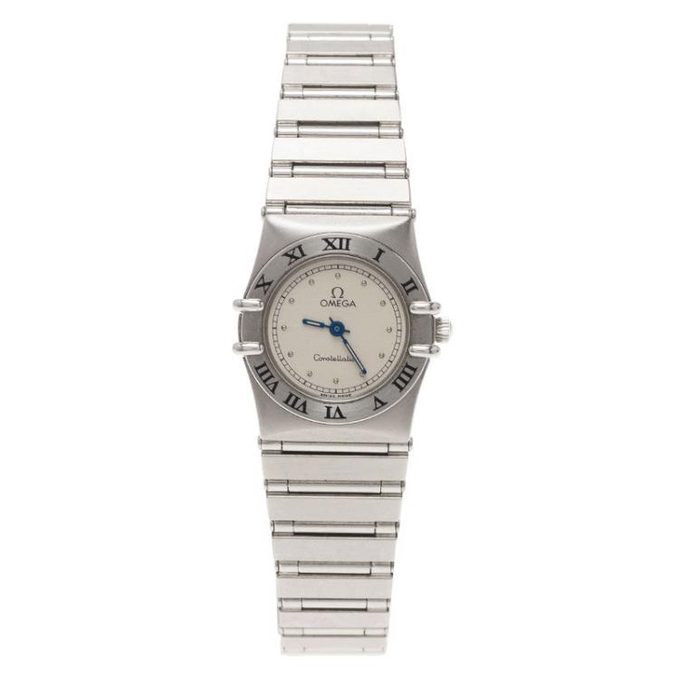 Pre Owned Omega Cream Stainless Steel and 18K White Gold Constellation 6168 Women's Wristwatch 23MM