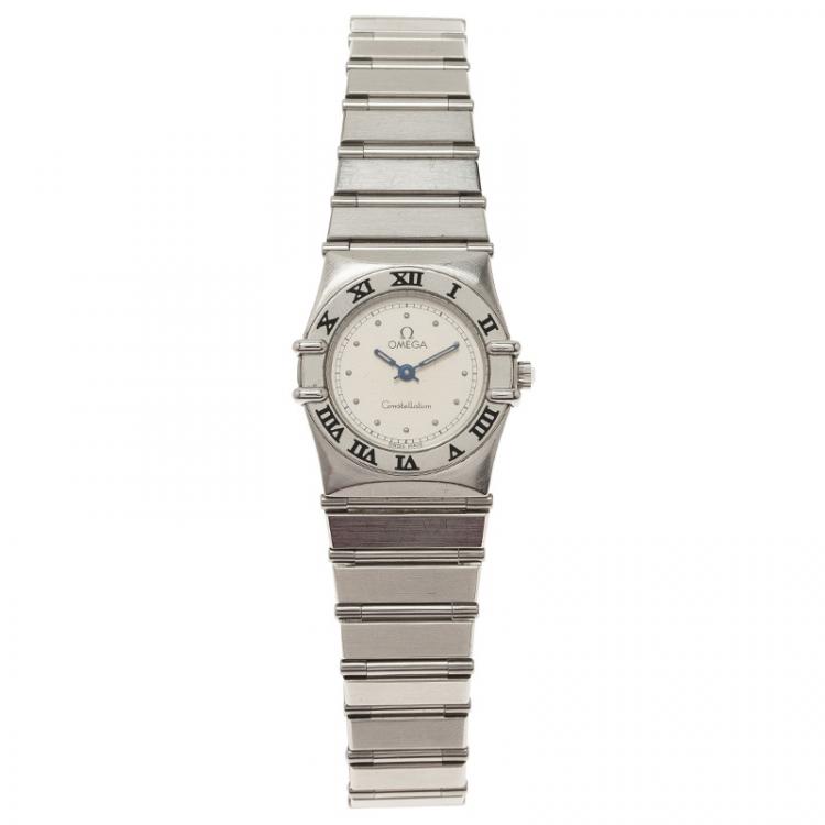 Pre Owned Omega Cream Stainless Steel and 18K White Gold Constellation 6168 Women's Wristwatch 23MM