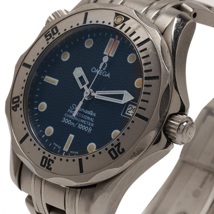 Pre Owned Omega Navy Blue Stainless Steel Seamaster Women's Wristwatch 36MM