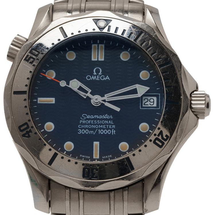 Pre Owned Omega Navy Blue Stainless Steel Seamaster Women's Wristwatch 36MM