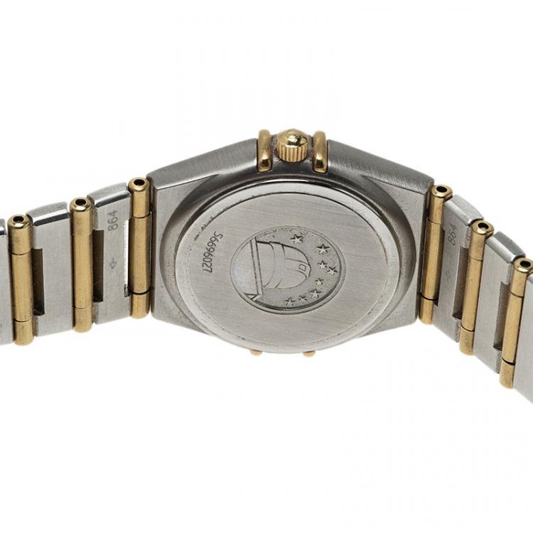 Pre Owned Omega White 18K Yellow Gold and Stainless Steel Constellation Women's Wristwatch 24MM