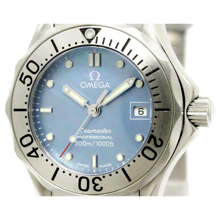 Pre Owned Omega Blue Mother of Pearl Stainless Steel Seamaster Professional Women's Wristwatch 29MM