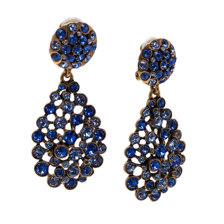 Pre Owned Oscar de la Renta Blue Crystal Tear Drop Clip Earrings