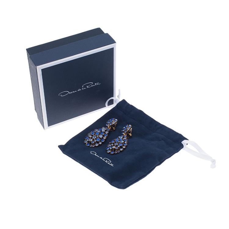 Pre Owned Oscar de la Renta Blue Crystal Tear Drop Clip Earrings